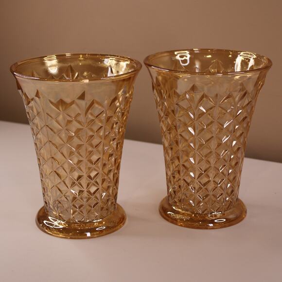 Vintage Depression Glass Pink/Orange Iridescent Diamond pattern Vases - Picture 1 of 7